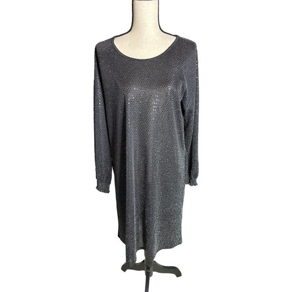 Nina Leonard Black Sequin Dress Smock Long Sleeve Pockets Lined Size Large - Picture 1 of 8